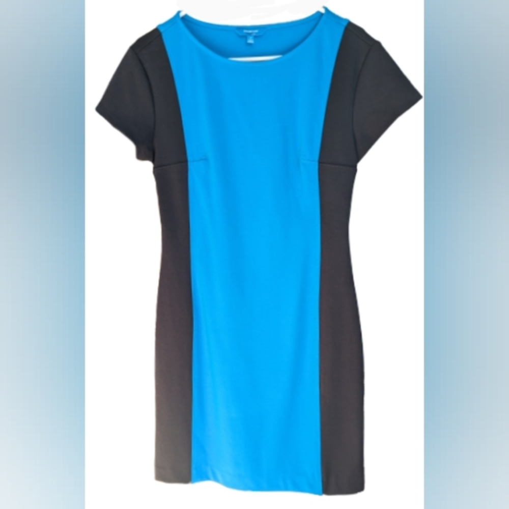 GUC Derek Lam turquoise/black vertical color block scoop neck short sleeve midi
